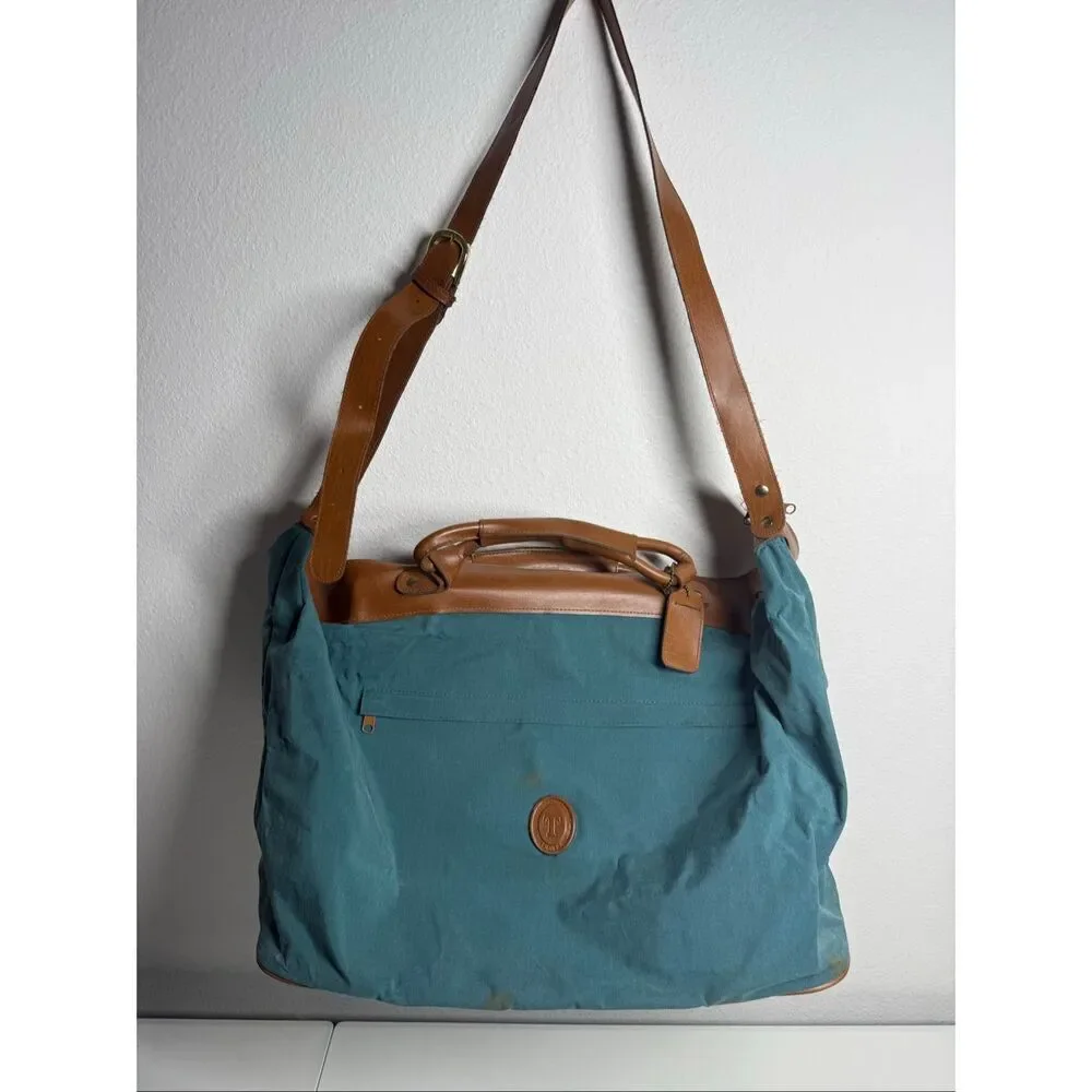 Vintage Travel Duffle Traveler Green Brown Weekend Faux Leather Trim See Notes